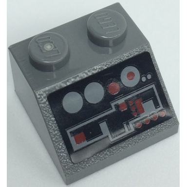 dark bluish gray slope 45 2 x 2 with dark bluish gray and dark red control panel with buttons on black background pattern sticker - set 8091