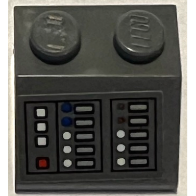 dark bluish gray slope 45 2 x 2 with control panel with vertical rows of white red and blue buttons and light bluish gray displays pattern sticker - set 75315
