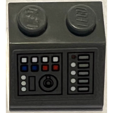 dark bluish gray slope 45 2 x 2 with control panel with round knob white red and blue buttons and light bluish gray displays pattern sticker - set 75315