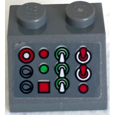 dark bluish gray slope 45 2 x 2 with control panel with red white and green buttons levers and lights pattern sticker - set 75872
