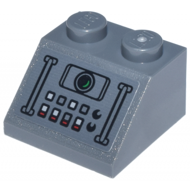dark bluish gray slope 45 2 x 2 with control panel with handles button and lens pattern sticker - set 76269