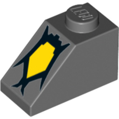 dark bluish gray slope 45 2 x 1 with black curved lines enclosing yellow pentagonal shape monster eye pattern
