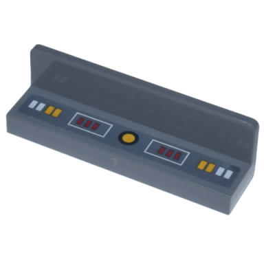dark bluish gray panel 1 x 4 x 1 with studs on edges with white yellow and red circle rectangles and buttons pattern sticker - set 75357