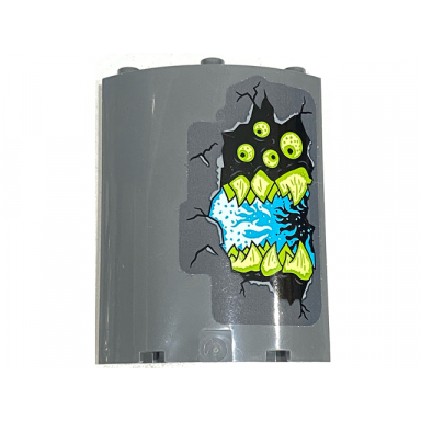 dark bluish gray cylinder quarter 4 x 4 x 6 with lime and yellowish green monster eyes and teeth black cracks and medium azure lava pattern model left side sticker - set 70437