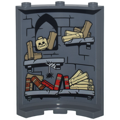dark bluish gray cylinder quarter 4 x 4 x 6 with brick wall with black mortar arch light bluish gray bookshelves scrolls books skull and spider pattern sticker - set 10333