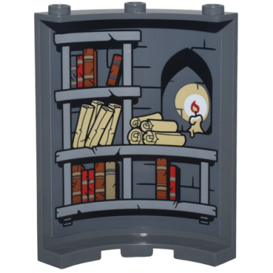 dark bluish gray cylinder quarter 4 x 4 x 6 with brick wall with black mortar arch light bluish gray bookshelves scrolls books and candle pattern sticker - set 10333