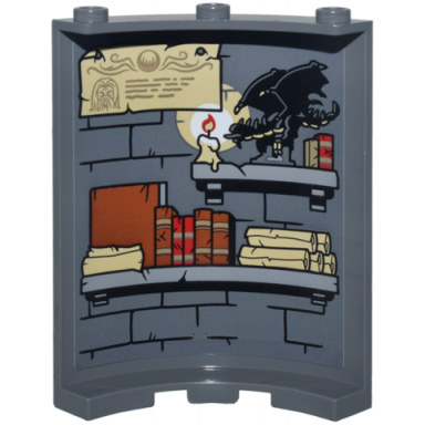 dark bluish gray cylinder quarter 4 x 4 x 6 with brick wall with black mortar light bluish gray bookshelves scrolls books candle parchment and black dragon pattern sticker - set 10333