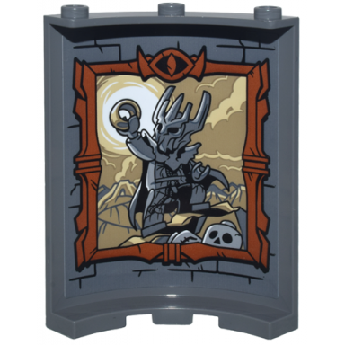 dark bluish gray cylinder quarter 4 x 4 x 6 with brick wall with black mortar portait of sauron and the one ring in dark orange ornate frame pattern sticker - set 10333