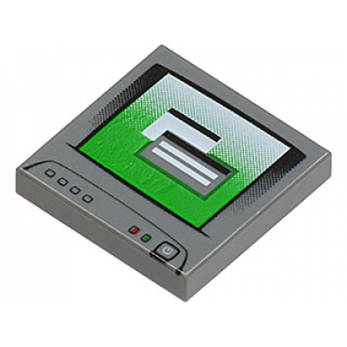 dark bluish gray tile 2 x 2 with computer monitor with white circle and line power switch pattern