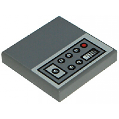 dark bluish gray tile 2 x 2 with sw jedi starfighter control panel with buttons on light bluish gray background pattern model left side sticker - sets 7256 7283