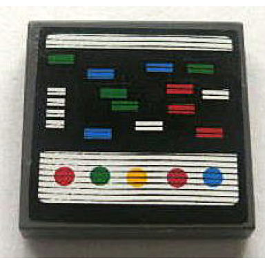 dark bluish gray tile 2 x 2 with multicolor rectangles and circles on screen race position pattern sticker - set 8672