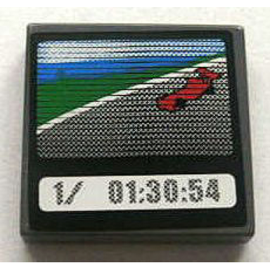 dark bluish gray tile 2 x 2 with race car and 1 01:30:54 on screen pattern sticker - set 8672