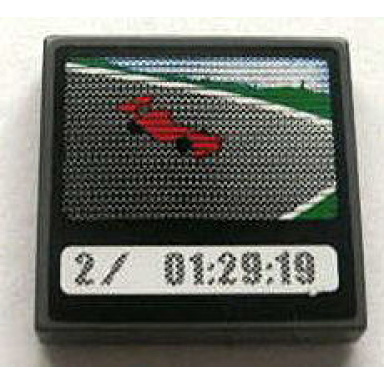 dark bluish gray tile 2 x 2 with race car and 2 01:29:19 on screen pattern sticker - set 8672