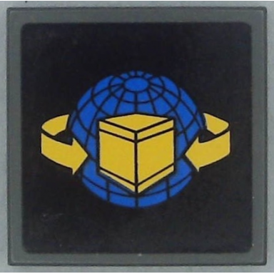 dark bluish gray tile 2 x 2 with box and arrows and globe on black background pattern sticker - set 7992