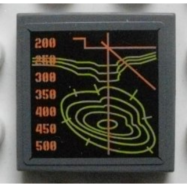 dark bluish gray tile 2 x 2 with screen with terrain map and height levels pattern sticker - set 8959