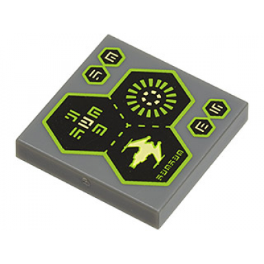 dark bluish gray tile 2 x 2 with 3 hexagons spaceship and alien characters pattern