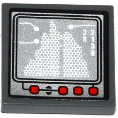 dark bluish gray tile 2 x 2 with white 38 2138 and red buttons on silver computer screen pattern sticker - set 70725