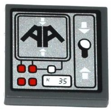 dark bluish gray tile 2 x 2 with black aa red and white buttons k 35 lever and white arrows on silver background pattern sticker - set 70725