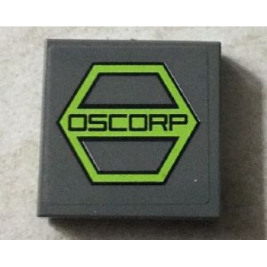 dark bluish gray tile 2 x 2 with black oscorp on lime hexagon pattern sticker - set 76016