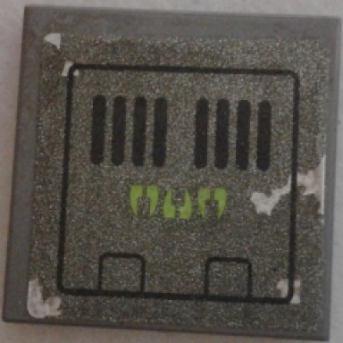 dark bluish gray tile 2 x 2 with vent grille and lime spider fangs pattern sticker - set 70130