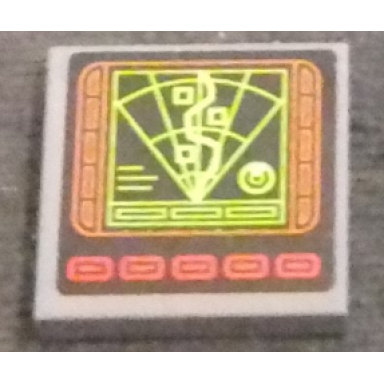 dark bluish gray tile 2 x 2 with computer screen with radar waved line and red buttons pattern sticker - set 76023
