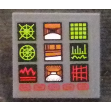 dark bluish gray tile 2 x 2 with computer screen with 9 icons and red buttons pattern sticker - set 76023