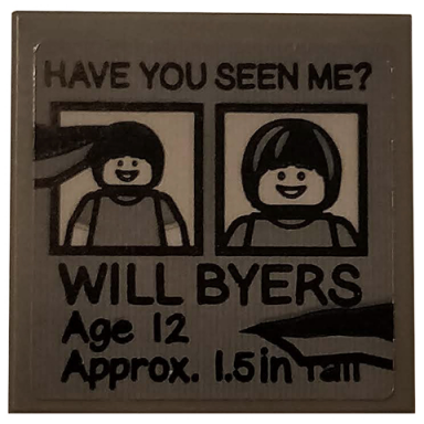 dark bluish gray tile 2 x 2 with black have you seen me? will byers age 12 approx 1.5in tall on dbg background pattern sticker - set 75810