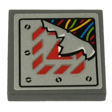 dark bluish gray tile 2 x 2 with multicolored wires and broken metal plate with exclamation mark and red danger stripes pattern sticker - set 70432