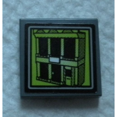 dark bluish gray tile 2 x 2 with lime video screen with jail cell building pattern sticker - set 60139