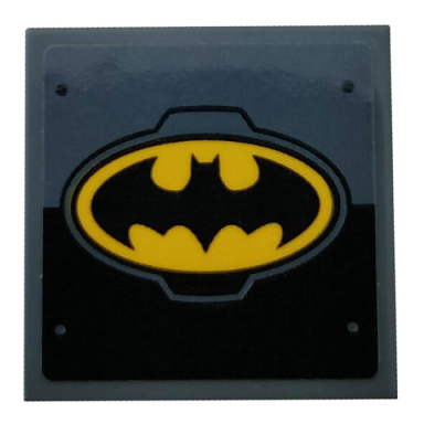 dark bluish gray tile 2 x 2 with metal plates rivets and yellow batman logo pattern sticker - set 76160