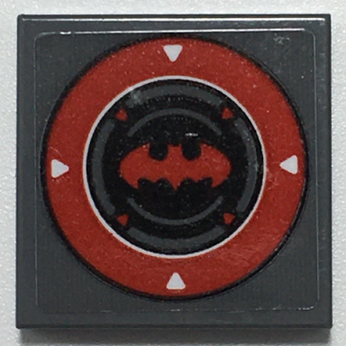 dark bluish gray tile 2 x 2 with red batman logo inside red circle with 4 white arrows pattern sticker - set 70917