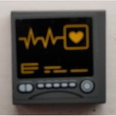 dark bluish gray tile 2 x 2 with bright light orange heart beat line on black screen with white buttons pattern sticker - set 60204