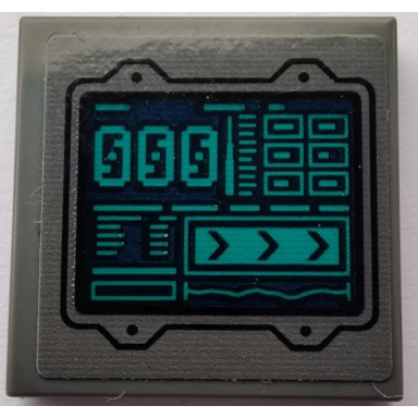 dark bluish gray tile 2 x 2 with display screen with dark turquoise 000 rectangles and lines on dark blue background pattern sticker - set 76240