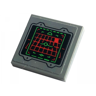 dark bluish gray tile 2 x 2 with display screen with red grid and green head-up display hud on black background pattern sticker - set 76240