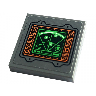 dark bluish gray tile 2 x 2 with display screen with green radar and orange controls circles and lines on black background pattern sticker - set 76240