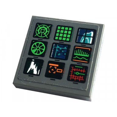 dark bluish gray tile 2 x 2 with display screens with green orange and red charts graphs radar and grids pattern sticker - set 76240