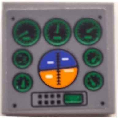 dark bluish gray tile 2 x 2 with instrument control panel with orange and blue attitude indicator and green gauges pattern sticker - set 42052