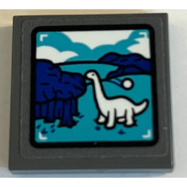 dark bluish gray tile 2 x 2 with white brachiosaurus blue trees dark turquoise hills and clouds on screen pattern sticker - set 75941