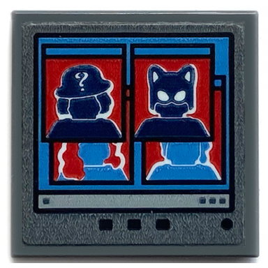 dark bluish gray tile 2 x 2 with computer screen and the riddler and catwoman minifigure silhouettes pattern sticker - set 70912