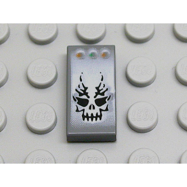 dark bluish gray tile 1 x 2 with alpha team ogel skull and 3 buttons pattern