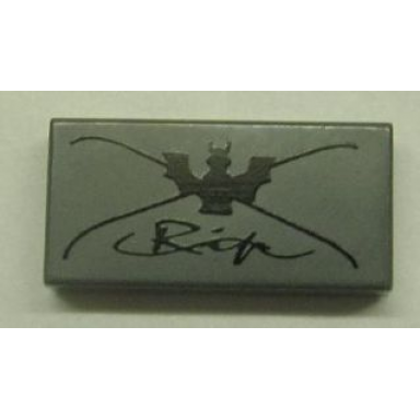 dark bluish gray tile 1 x 2 with black bat and script rip pattern