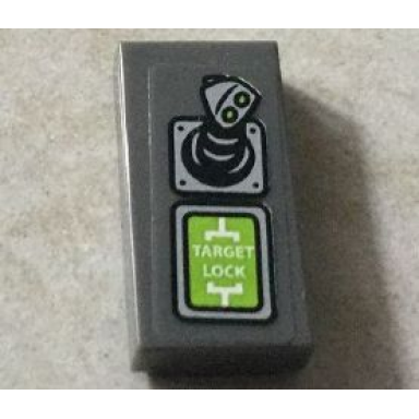 dark bluish gray tile 1 x 2 with joystick and target lock on lime screen pattern sticker - set 76016