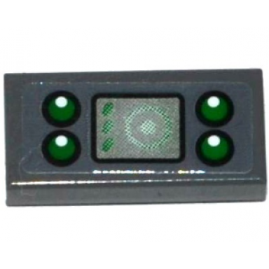 dark bluish gray tile 1 x 2 with radar screen and 4 green lights pattern sticker - set 70601