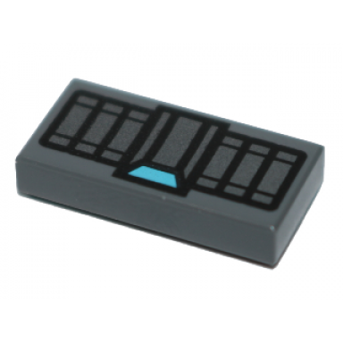 dark bluish gray tile 1 x 2 with silver rectangles and medium azure trapezoid pattern [black widow cuff]