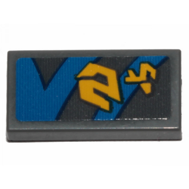 dark bluish gray tile 1 x 2 with yellow markings and blue curved and straight lines with black outline on dark bluish gray background pattern model left side sticker - set 75258