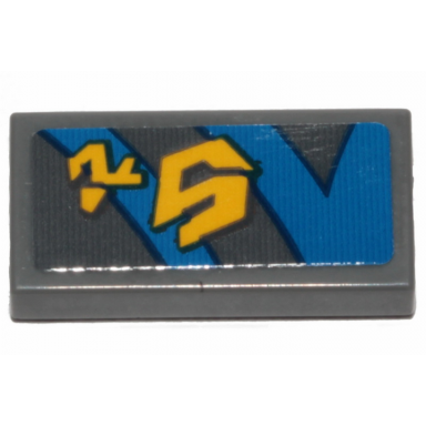 dark bluish gray tile 1 x 2 with yellow markings and blue curved and straight lines with black outline on dark bluish gray background pattern model right side sticker - set 75258