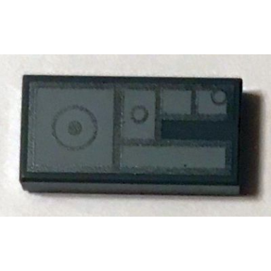 dark bluish gray tile 1 x 2 with rectangular light bluish gray shapes and dark bluish gray circles pattern