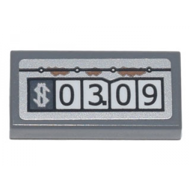 dark bluish gray tile 1 x 2 with $03.09 gas pump reading rivets and rust pattern sticker - set 70840