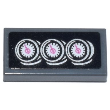 dark bluish gray tile 1 x 2 with silver and white dashboard gauges with dark pink dials on black background pattern sticker - set 77241