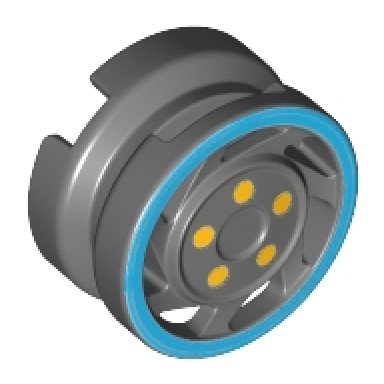 dark bluish gray wheel 11mm d x 6mm with 7 slanted spokes with blue rim edge and yellow bolts pattern